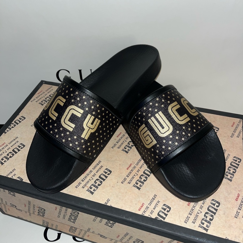 GUCCI “GUCCY” Black Supreme Star Slides
